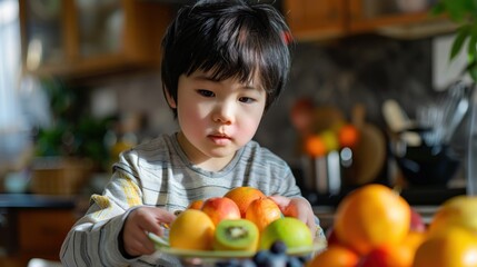 Fototapeta premium A young boy is holding a plate of fruit, including apples, oranges, and kiwis