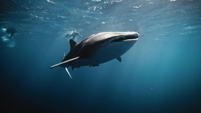 Frontal under view of whale shark white underbelly as it turns to catch light across head