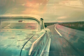 Obraz premium Vintage Car Cruising Through the Timeless Landscape of a Surreal Dream