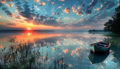 Sunset Over Lake with Calm Waters and Clouds