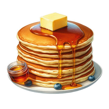 recommend clip art: Watercolor illustration clipart of a stack of fluffy pancakes with maple syrup and butter isolated