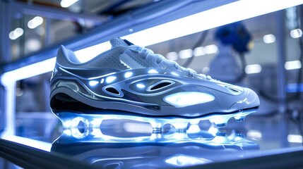 Sci-fi soccer shoe with sleek curves, integrated AI assistants, and reflective surfaces, set in a futuristic laboratory with robotic arms