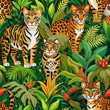 Seamless pattern of elusive jungle cats like ocelots, margays, and clouded leopards, camouflaged among dense foliage and dappled sunlight, Generative AI