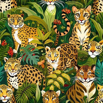 Seamless pattern of elusive jungle cats like ocelots, margays, and clouded leopards, camouflaged among dense foliage and dappled sunlight, Generative AI