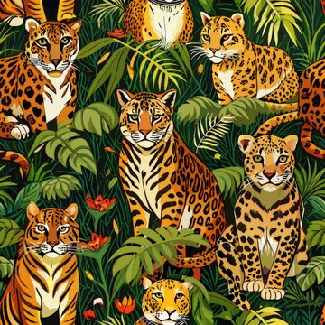 Seamless pattern of elusive jungle cats like ocelots, margays, and clouded leopards, camouflaged among dense foliage and dappled sunlight, Generative AI