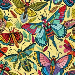 Seamless pattern of exotic insects and arachnids like butterflies, dragonflies, and spiders, showcasing their intricate details and vibrant colors, Generative AI