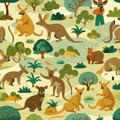 Fototapeta premium Seamless pattern of exotic marsupials like kangaroos, koalas, and wallabies, inhabiting the diverse landscapes of Australia and surrounding regions, Generative AI