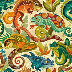 Obraz premium Seamless pattern of exotic reptiles such as snakes, chameleons, and iguanas, blending seamlessly into their natural habitat with intricate patterns and textures, Generative AI