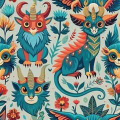 Obraz premium Seamless pattern of fantastical creatures inspired by mythology and folklore, blending elements of real and imaginary animals into a whimsical design, Generative AI