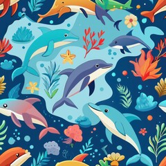 Obraz premium Seamless pattern of graceful sea creatures like dolphins, whales, and sea turtles swimming amid coral reefs and ocean waves, Generative AI