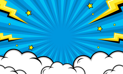 blue comic background with cloud, lightning and stars cartoon style design