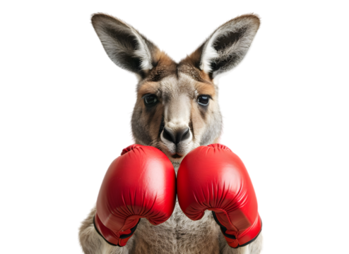 A close-up of a kangaroo wearing red boxing gloves, isolated on transparent background. 