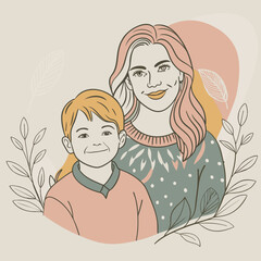 Mother and son line art vector illustration, mothers day celebration background
