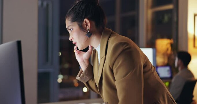 Business woman, computer and night with phone call for discussion, proposal or report at office. Female person or consultant talking or working late on mobile smartphone for conversation at workplace