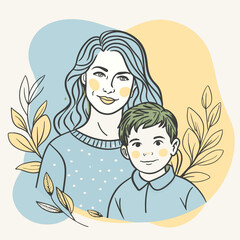 Mother and son line art vector illustration, mothers day celebration background

