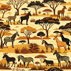 Seamless pattern of iconic African wildlife like giraffes, zebras, and elephants, roaming the savannah in search of food and water, Generative AI