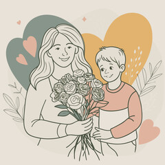 Mother and son line art vector illustration, mothers day celebration background

