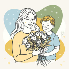 Mother and son line art vector illustration, mothers day celebration background
