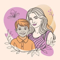 Mother and son line art vector illustration, mothers day celebration background

