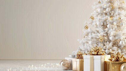 A christmas tree surrounded by gifts, set against a white backdrop