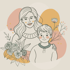 Mother and son line art vector illustration, mothers day celebration background
