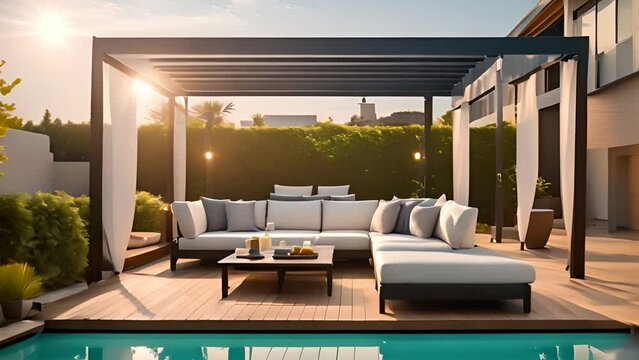 Modern Patio With Pool And Pergola Generative AI