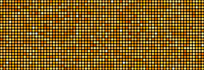 Golden disco party seamless pattern. Yellow circle sequin mosaic texture background. Abstract shining gold halftone wallpaper. Pop up comic glitter sparkles backdrop. Retro vector design template