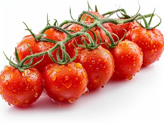 Vine tomatoes with droplets of water, isolated on white, well-lit to highlight freshness and texture, studio quality shot