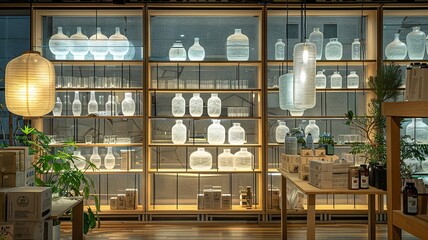 Elegant Shelves in a Stylish Modern Store with Various Bottles Displayed