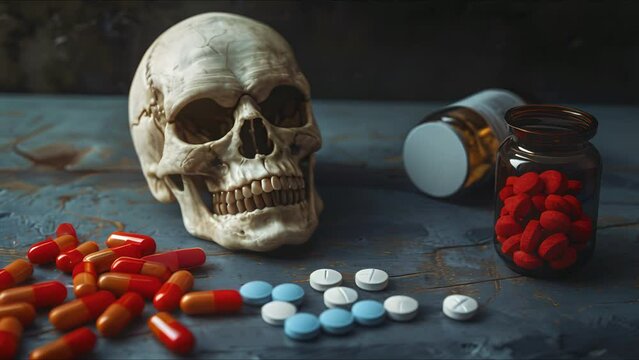 illegal danger drugs and skull on dark background, Health hazard warning against misuse symbolizes danger in medications, Addiction or poison concept. Ai Footage.