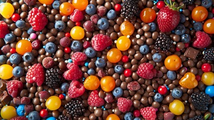 Colorful Assortment of Berries, Chocolates, and Candied Fruits in a Vibrant Mix