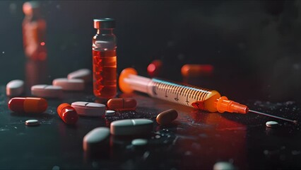 Different drugs and syringe on dark background. Conveys a health hazard warning against misuse symbolizes danger in medications, Addiction or poison concept. Ai Footage. - Powered by Adobe