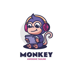 Vector Logo Illustration Monkey Mascot Cartoon Style.