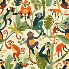 Fototapeta premium Seamless pattern of playful primates like monkeys, lemurs, and gibbons, swinging through the treetops and engaging in lively antics, Generative AI