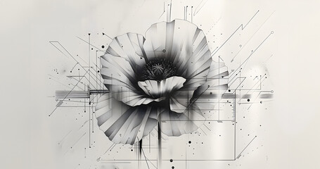 Obraz premium Poppy flower surrounded by minimalist geometric shapes and lines that create depth in black ink white background