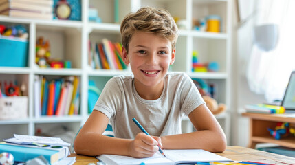 A boy is sitting at a table with a pencil and a book. He is writing in a notebook