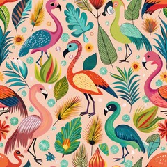 Obraz premium Seamless pattern of unique avian species like flamingos, peacocks, and hornbills, displaying their striking feathers and distinctive features, Generative AI