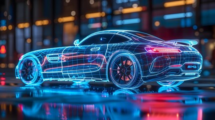 Fototapeta premium Holographic Car Model Projection Futuristic Digital Visualization with Detailed Specifications