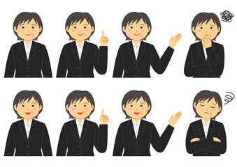 スーツを着た年配の女性の色々なポーズのイラストのセット
