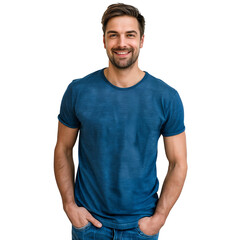 Obraz premium Portrait of a smiling man. Happy confident guy posing wearing casual blue t-shirt, isolated on transparent background