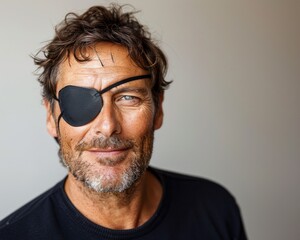 Obraz premium Positive smiling man with a black bandage over one eye.