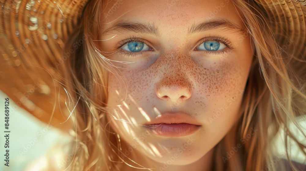 Poster Close up Portrait of a Beautiful Young European Girl with Blue Eyes and Blonde Hair Captured in a Summer Setting