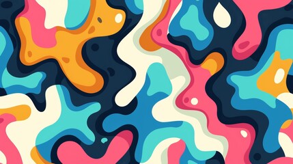 Colorful abstract shapes intertwined in a puzzle maze, dynamic liquid flow, minimalist style, creating a seamless pattern