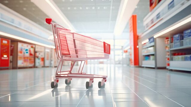 Supermarket aisle with empty shopping carts