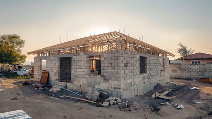 Concrete block house under construction, partially built walls, roof framework visible against a clear sky