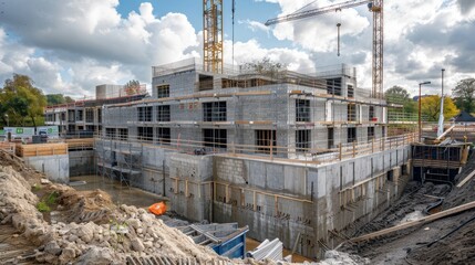 Concrete block walls forming the structure of a modern building under construction, cranes and scaffolding in the background