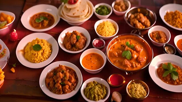 Indian Food Spread With Curry Rice and Flatbread Generative AI