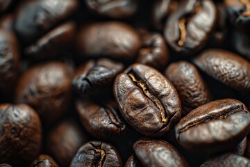 Fototapeta premium Detailed macro photo of roasted coffee beans, emphasizing rich, dark textures and grain patterns
