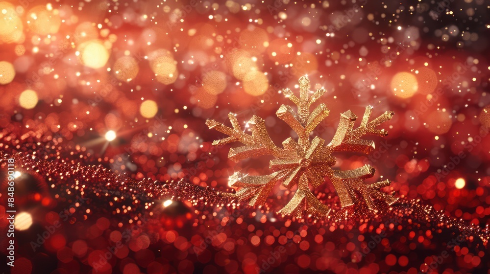 Wall mural Glittering Golden Snowflake on Shiny Red Background - 3D Rendered Abstract - Wall murals