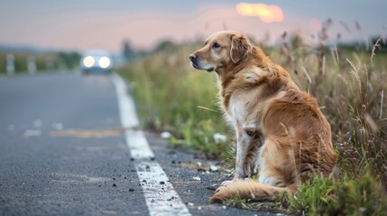 Dog sitting by road next to car